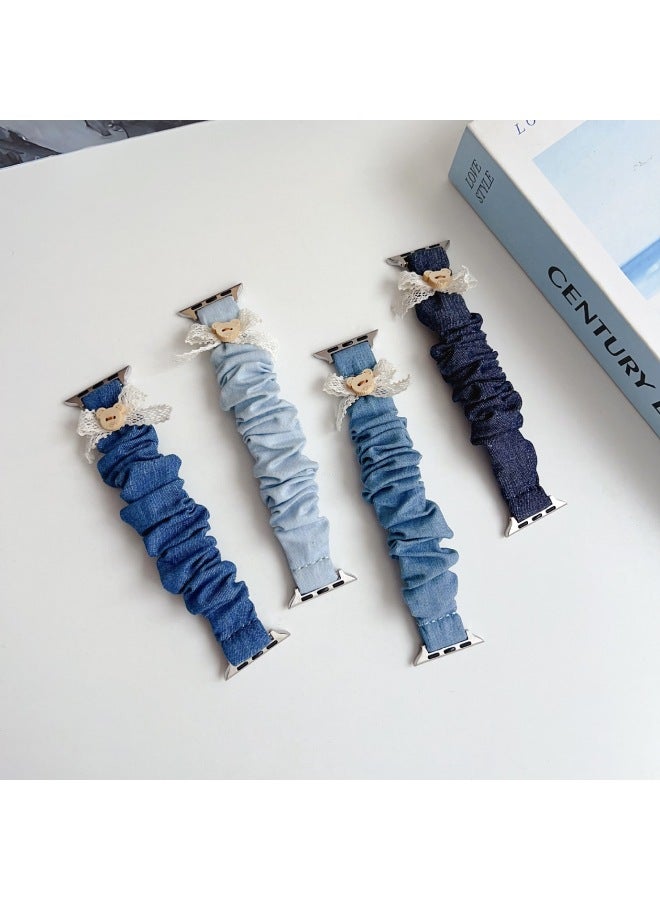 Suitable For Apple WatchS10/9/8/7/6/5 Radium Bow Bear Baby Elastic Denim Hair Band-Color:38/40/41/42mm Dark Blue  - Image 2