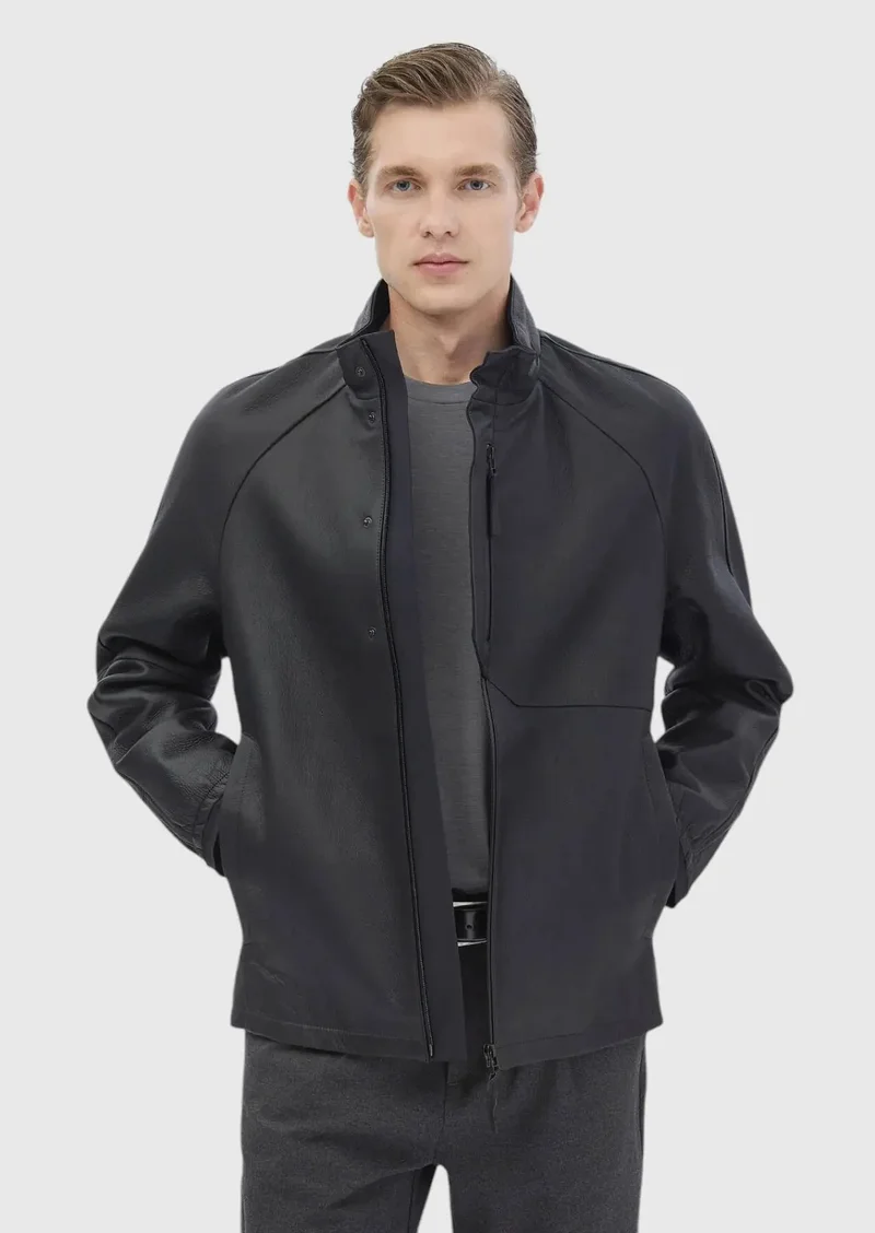 RAMSEY Black Regular Fit Turtleneck Casual Suede Leather Coat