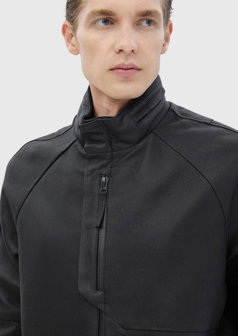 RAMSEY Black Regular Fit Turtleneck Casual Suede Leather Coat
