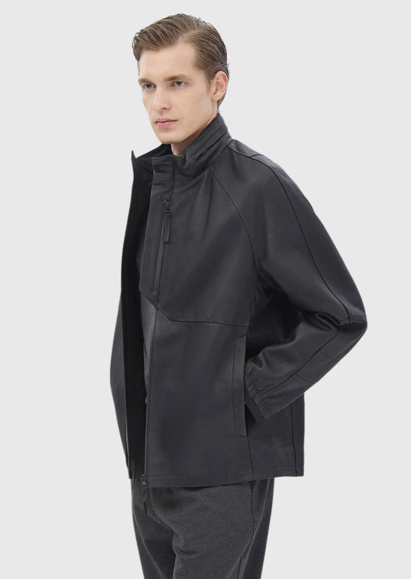 RAMSEY Black Regular Fit Turtleneck Casual Suede Leather Coat