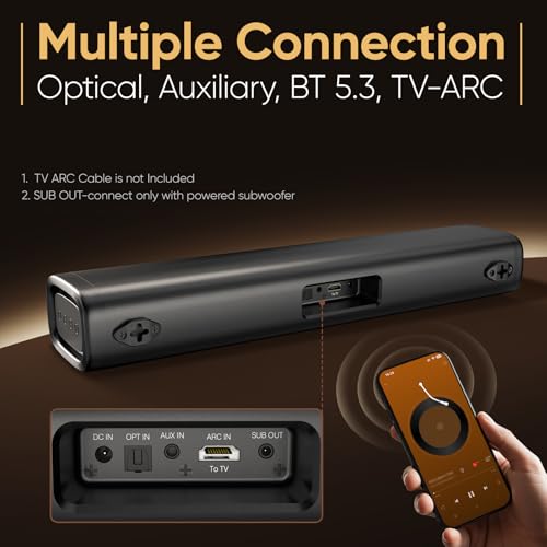 Saiyin Sound Bar for Smart TV, 60W Bluetooth 5.3 Soundbar with Dual Bass Drivers&Clear Voice, Virtual Surround Sound System with TV-ARC/Optical/AUX for TV/PC/Gaming/Projectors, 17 inch, Wall Mountable - Image 4