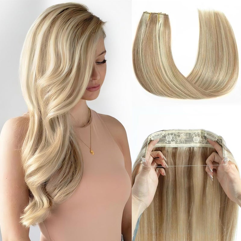 Star Show Wire Hair Extension Human Hair For Women Ash Blonde 16# with Bleach Blonde 613# Natural Straight Hair One Piece for Full Head (14 inch, Highlight Color #16/613) - Image 1