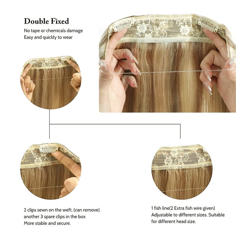 Star Show Wire Hair Extension Human Hair For Women Ash Blonde 16# with Bleach Blonde 613# Natural Straight Hair One Piece for Full Head (14 inch, Highlight Color #16/613) - Image 4