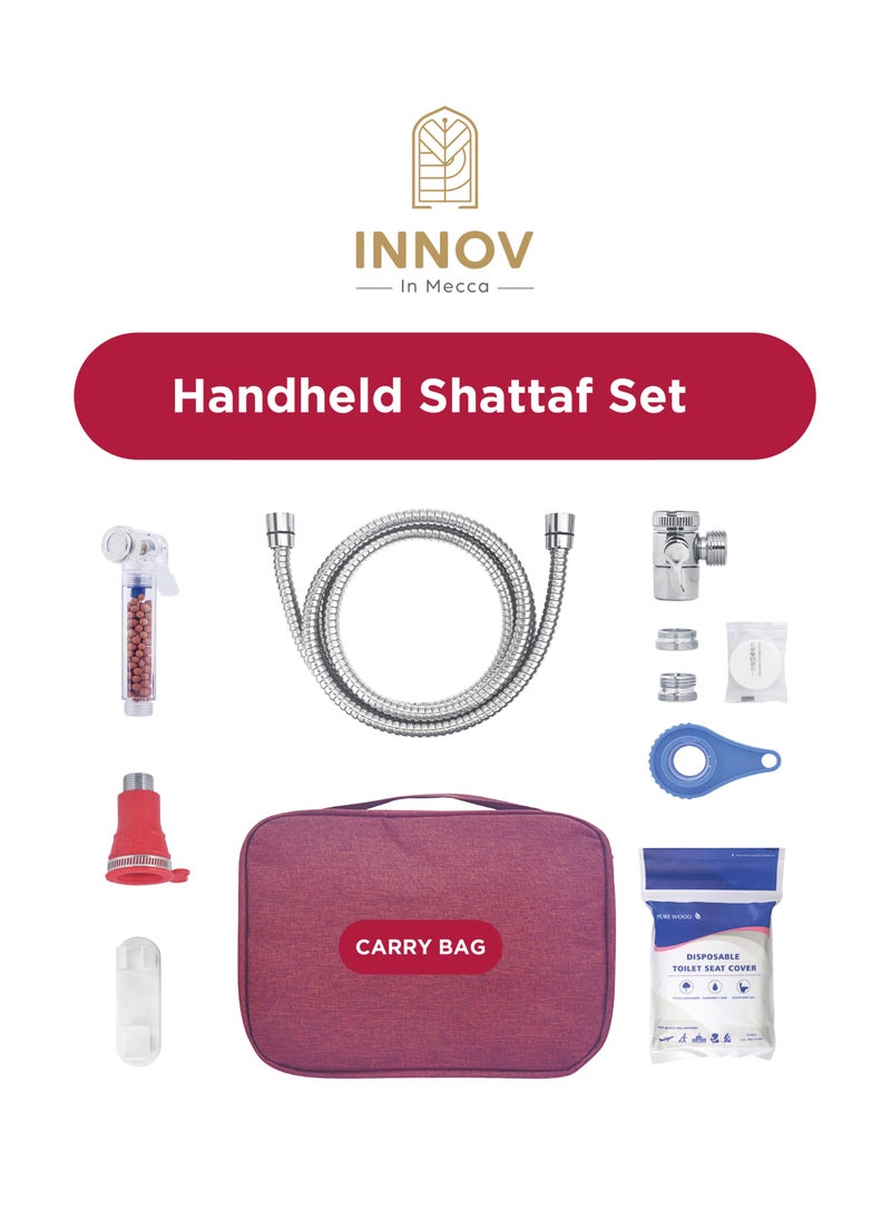 INNOV In Mecca Shattaf set for traveller. Handheld Adjustable Bidet Sprayer for Toilet, Standard Muslim Shower Set. Faucet diverter, 3M Shattaf Hose, toilet seat cover included red carry bag  - Image 1
