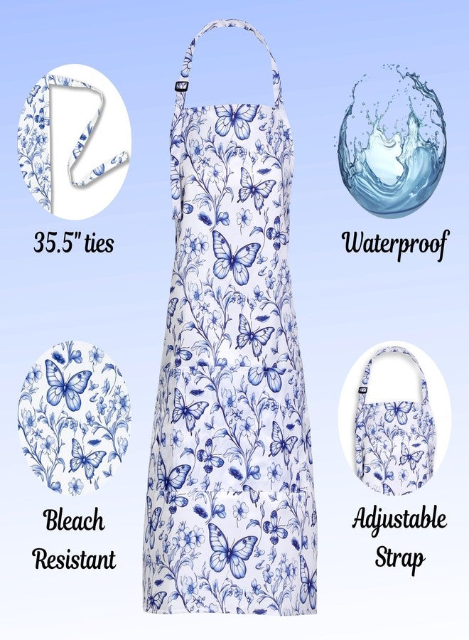 Plum Hill Blue Toile Butterfly Apron for Women – Adjustable Bib Apron with Pockets, Waterproof 100% Polyester Kitchen Apron for Cooking, Baking & Gardening – Vintage Floral Design - Image 2