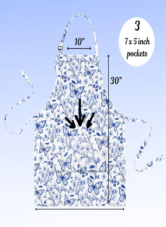 Plum Hill Blue Toile Butterfly Apron for Women – Adjustable Bib Apron with Pockets, Waterproof 100% Polyester Kitchen Apron for Cooking, Baking & Gardening – Vintage Floral Design - Image 3