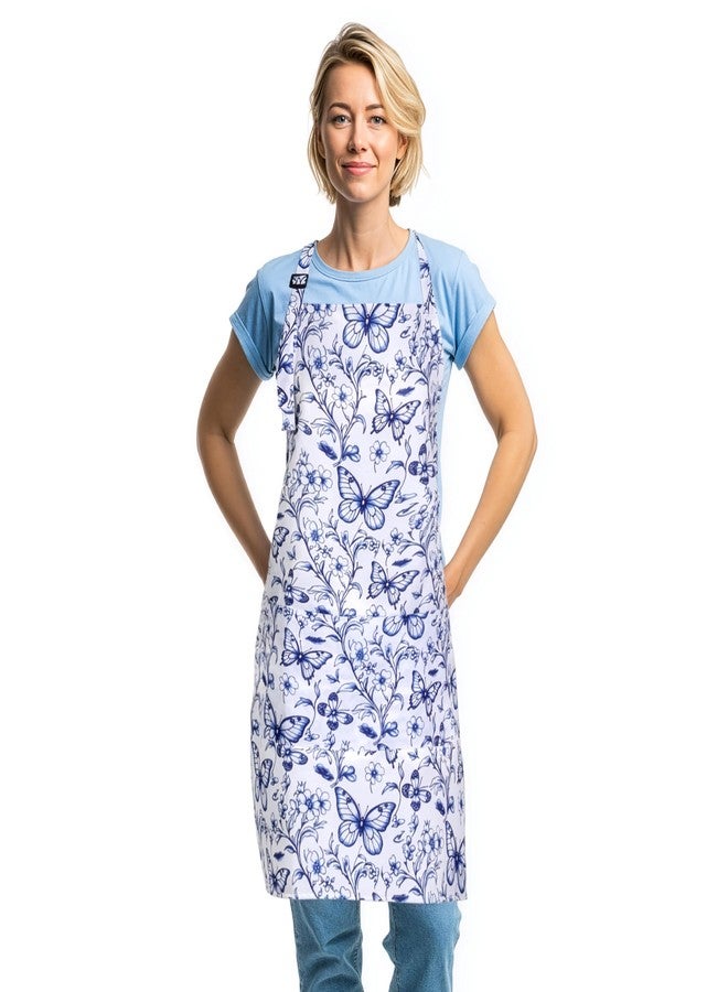Plum Hill Blue Toile Butterfly Apron for Women – Adjustable Bib Apron with Pockets, Waterproof 100% Polyester Kitchen Apron for Cooking, Baking & Gardening – Vintage Floral Design - Image 1