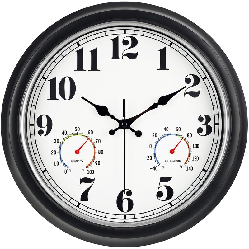 45MinST 13-Inch Vintage Outdoor Wall Clock with Thermometer and Hygrometer, Waterproof, Large Numbers, Silent, for Indoor and Outside Use,Porch,Garden,Pool(Black Frame with Silver Trim) - Image 1