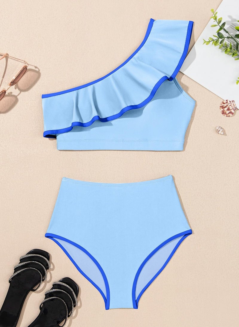 Herseas Women's One Shoulder Bikini Sets High Waisted Tummy Control Sporty Swimsuits Trimmed Ruffle Hem Stretchy Full Lined Bathing Suits Blue Resort Wear Beach Essentials X-Large - Image 5