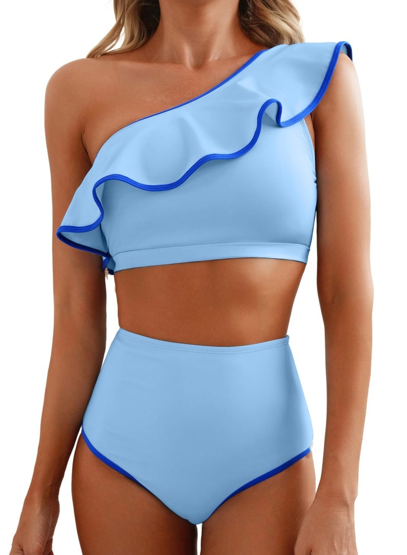 Herseas Women's One Shoulder Bikini Sets High Waisted Tummy Control Sporty Swimsuits Trimmed Ruffle Hem Stretchy Full Lined Bathing Suits Blue Resort Wear Beach Essentials X-Large - Image 1