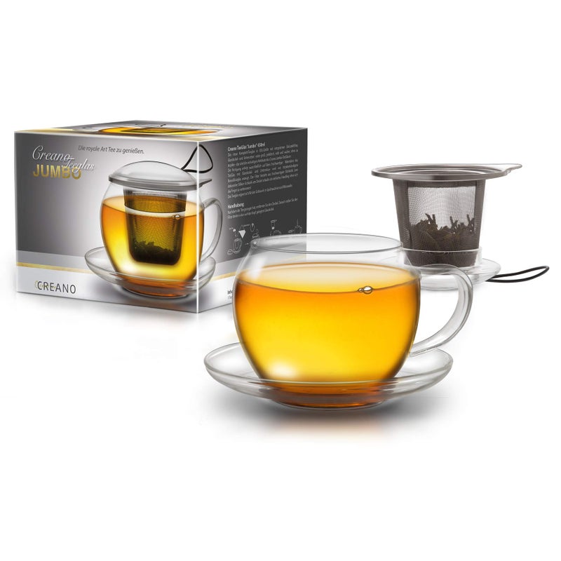 Creano Jumbo Tea Cup with Handle and Integrated Stainless Steel Strainer Glass lid and Saucer  450ml