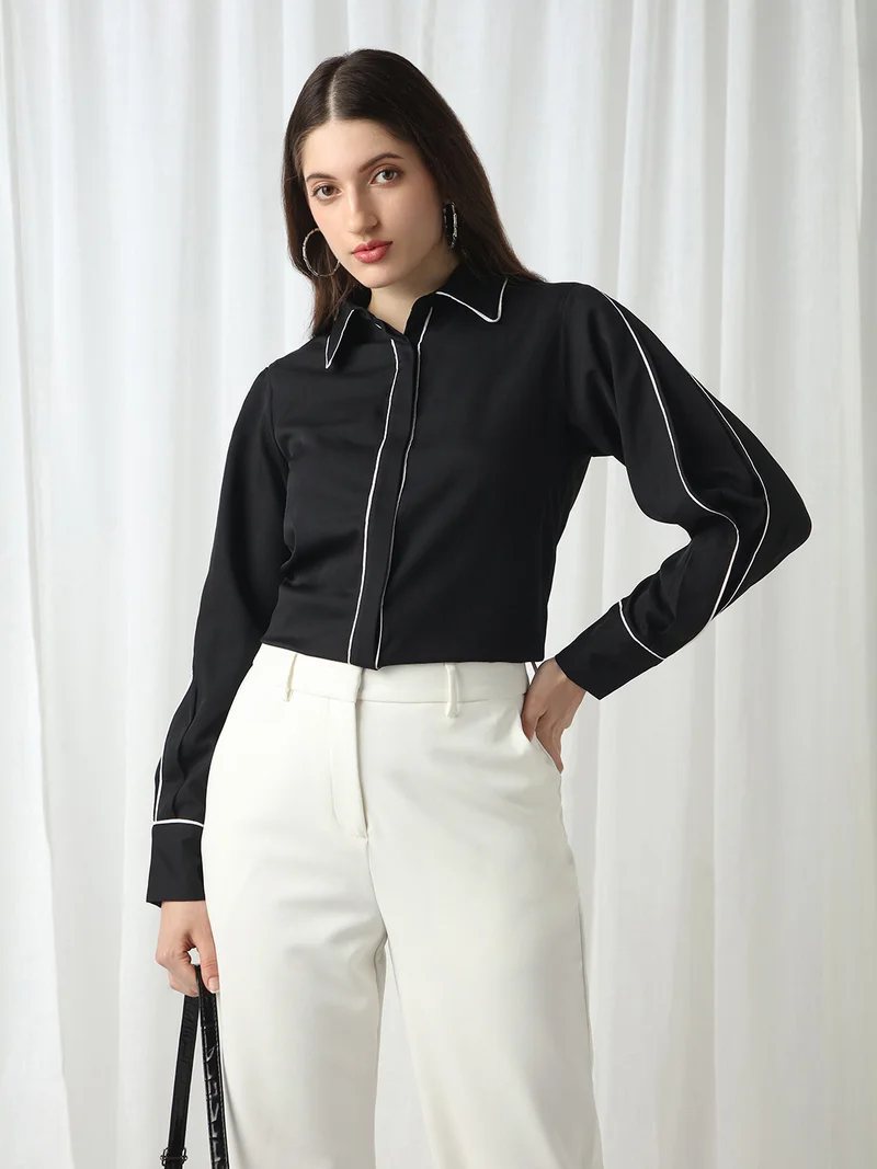 Globus Women Black Collared Neck Cuffed Sleeves Piping Detail Workwear Shirt