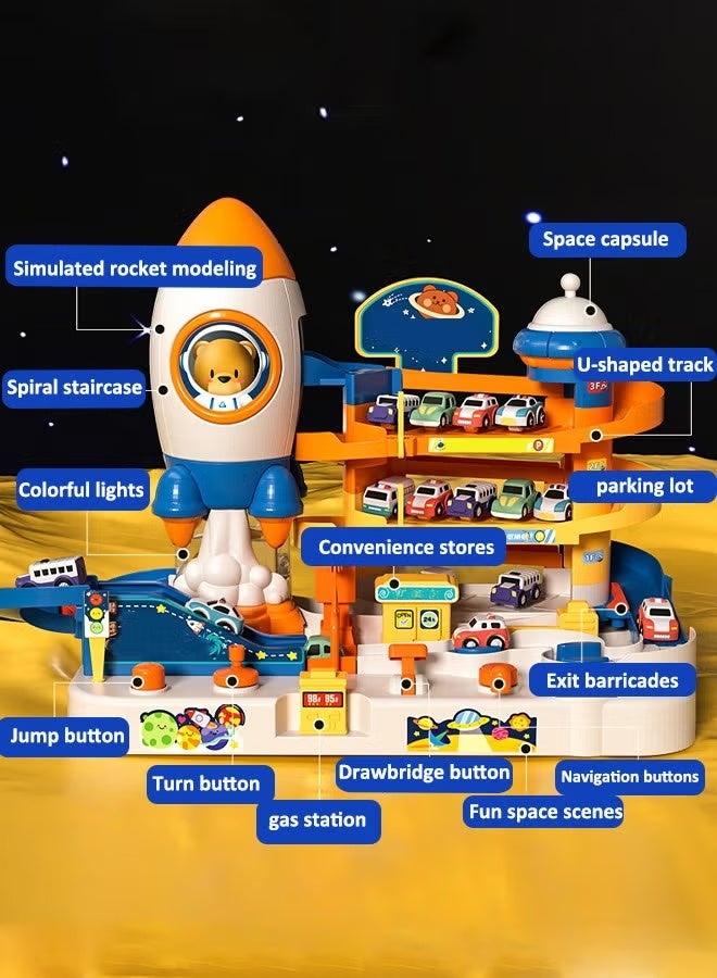Space parking toys, Rail parking toys,Car Parking,Space Adventure Toys,Space Adventure Vehicle Track Toys for 3+ Years Old Boys,with 4 Cars and Multiple Parking Spaces - Birthday Gifts for Baby Toddler Kids Indoor Outdoor, Boy rail car toy 4-storey car park Educational toys  - Image 4