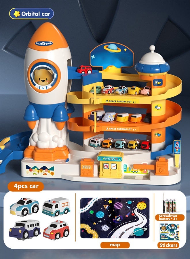 Space parking toys, Rail parking toys,Car Parking,Space Adventure Toys,Space Adventure Vehicle Track Toys for 3+ Years Old Boys,with 4 Cars and Multiple Parking Spaces - Birthday Gifts for Baby Toddler Kids Indoor Outdoor, Boy rail car toy 4-storey car park Educational toys  - Image 2