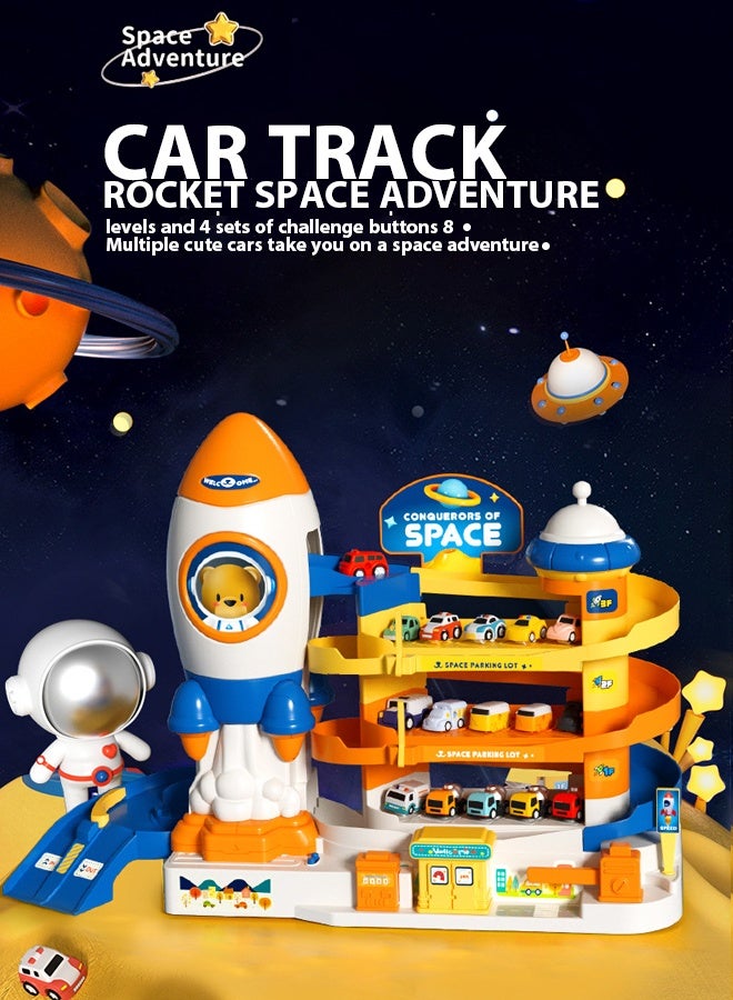 Space parking toys, Rail parking toys,Car Parking,Space Adventure Toys,Space Adventure Vehicle Track Toys for 3+ Years Old Boys,with 4 Cars and Multiple Parking Spaces - Birthday Gifts for Baby Toddler Kids Indoor Outdoor, Boy rail car toy 4-storey car park Educational toys  - Image 1