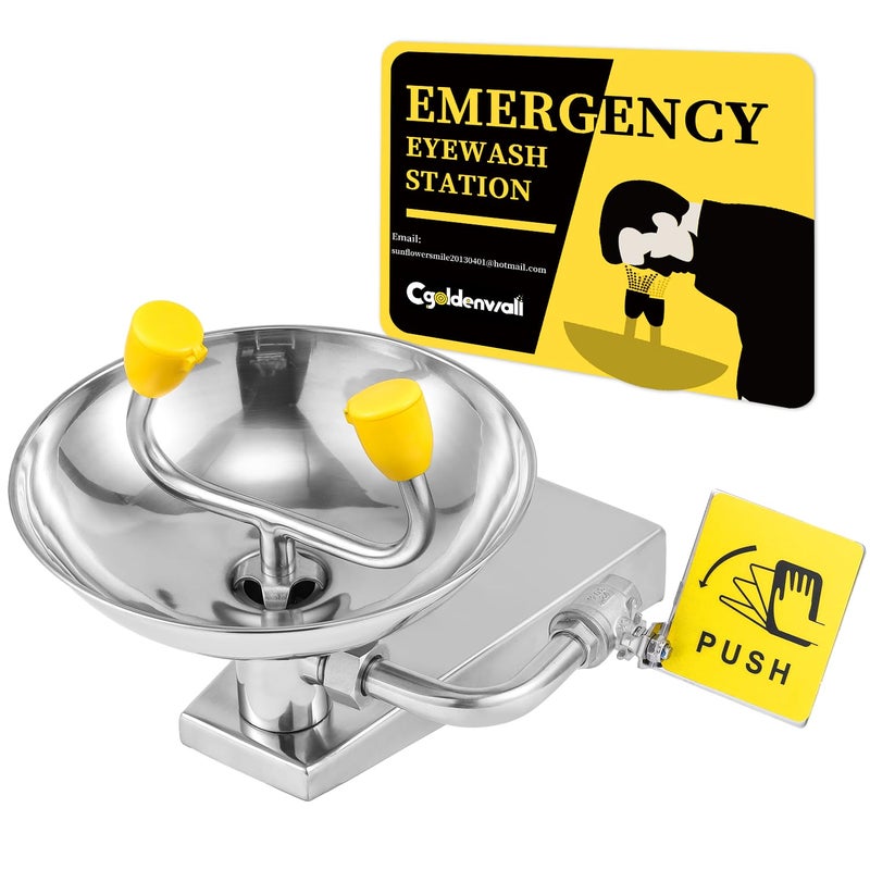 CGOLDENWALL Eyewash Stations Wall Mounted OSHA Approved Emergency Eye Face Washing Station NPT Threads with Emergency Sign 304 Stainless Steel Bowl