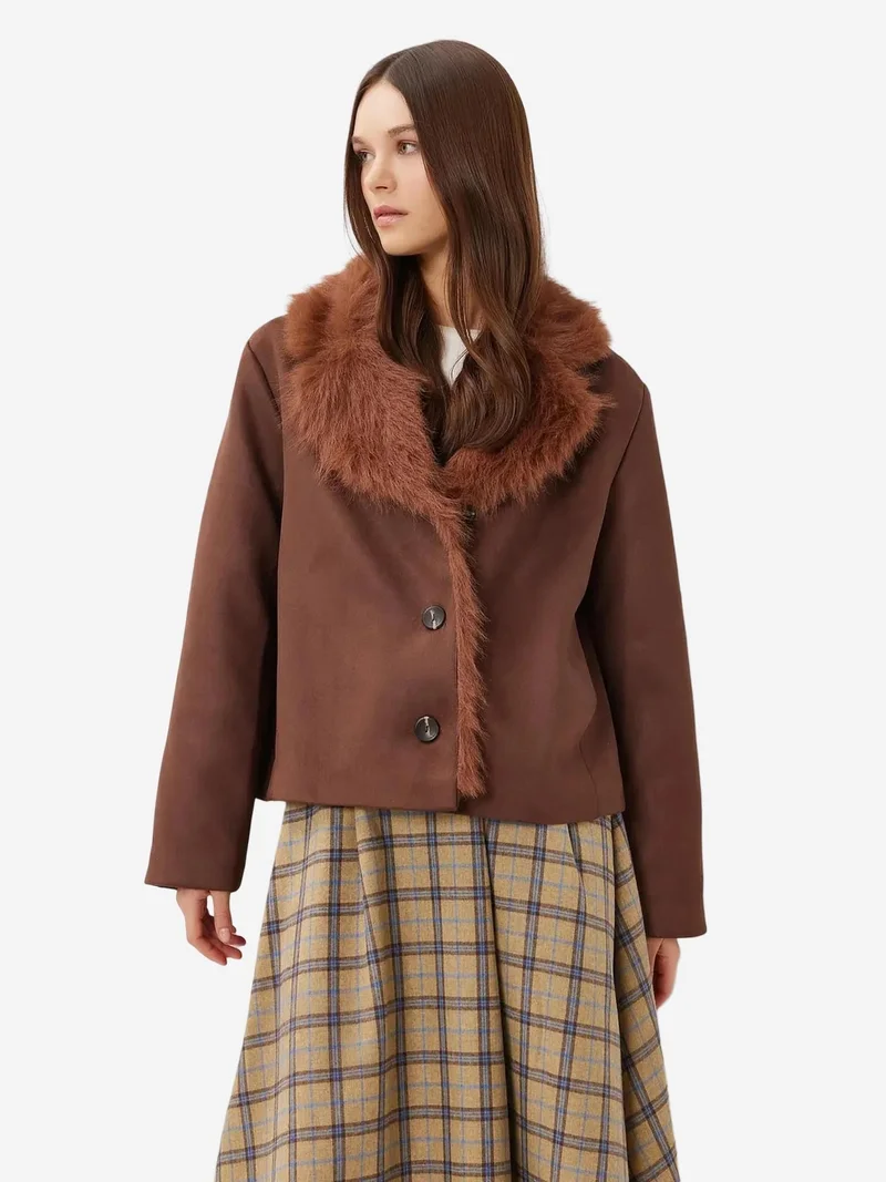 Lovely Istanbul ISTANBUL Textured Faux Fur Detailed Suede Jacket with Button Closure