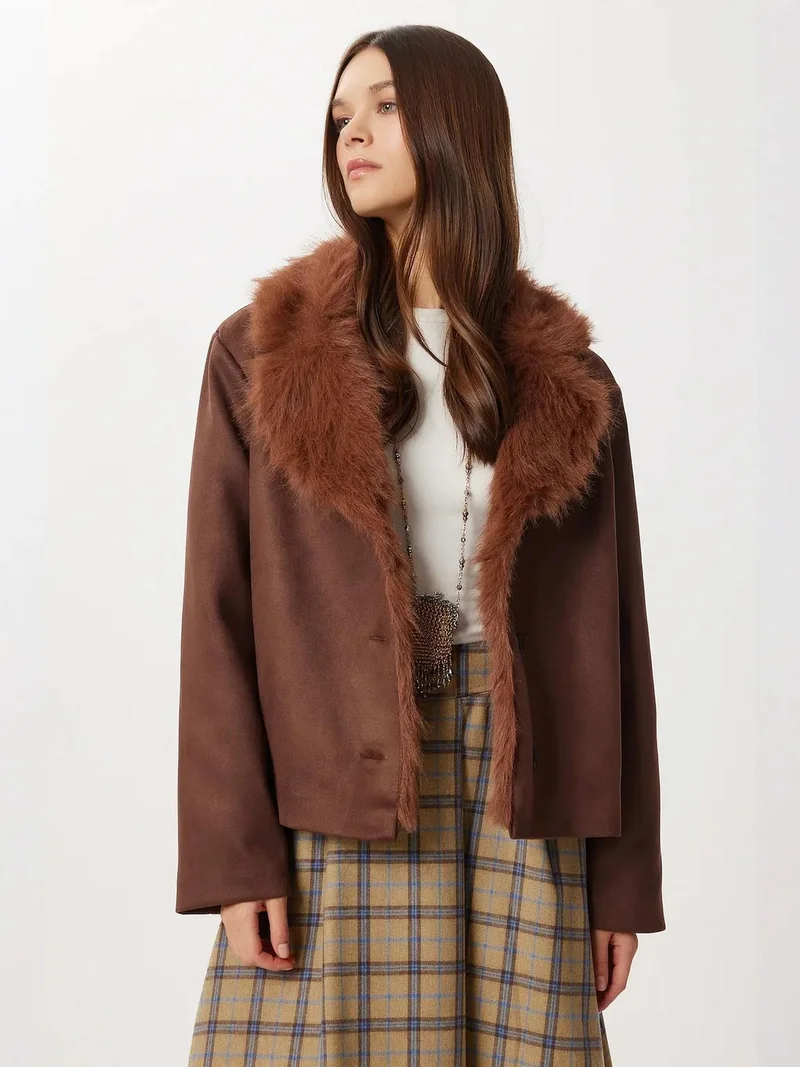 Lovely Istanbul ISTANBUL Textured Faux Fur Detailed Suede Jacket with Button Closure