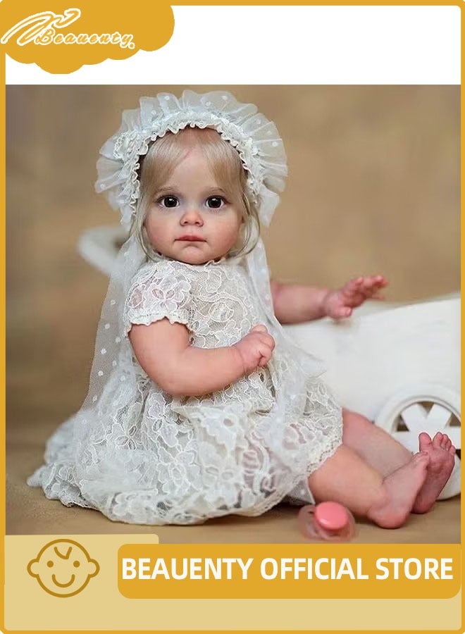 Beauenty Realistic Reborn Baby Doll Soft Newborn Baby Doll Girl Toy Gift Doll,24 inch Reborn Baby Doll Silicone Full Body Lifelike Dolls for Baby Gift Doll with Hairband & White Dress - Image 1