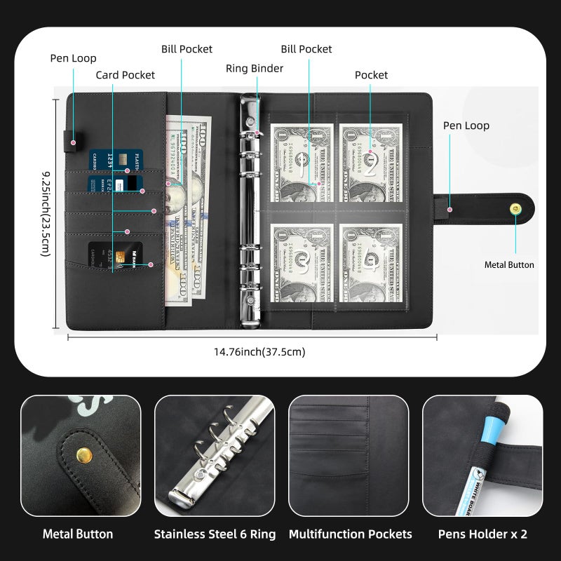 DONBAO 100 Envelopes Money Saving Challenge Binder, Fun and Easy Savings System to Save $5,050, $10,000, $500, $1,000, A5 Budget Binder Planner Book Tracker with Cash Envelopes, Guide (Black) - Image 5