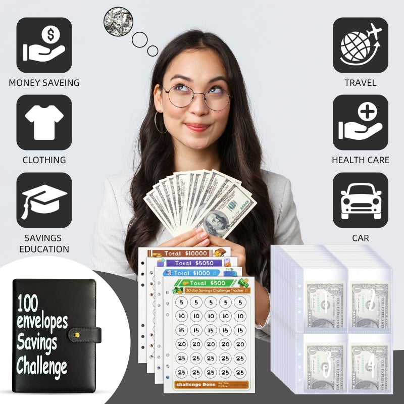 DONBAO 100 Envelopes Money Saving Challenge Binder, Fun and Easy Savings System to Save $5,050, $10,000, $500, $1,000, A5 Budget Binder Planner Book Tracker with Cash Envelopes, Guide (Black) - Image 2