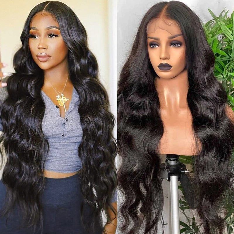 Wingirl 13×5 Lace Front Human Hair Wigs for Women 12A Transparent Body Wave Lace Front Wigs Human Hair Pre Plucked Bleached Knots (28 Inch (Pack of 1), 220% 1B# Color)