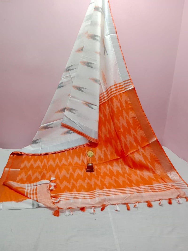 HAIDER ALI AND SONS Cotton Ikkat Saree For Women | Traditional Saree Ikat Design with Blouse Piece & Girls | 6.50 Meters_13, White - Image 2