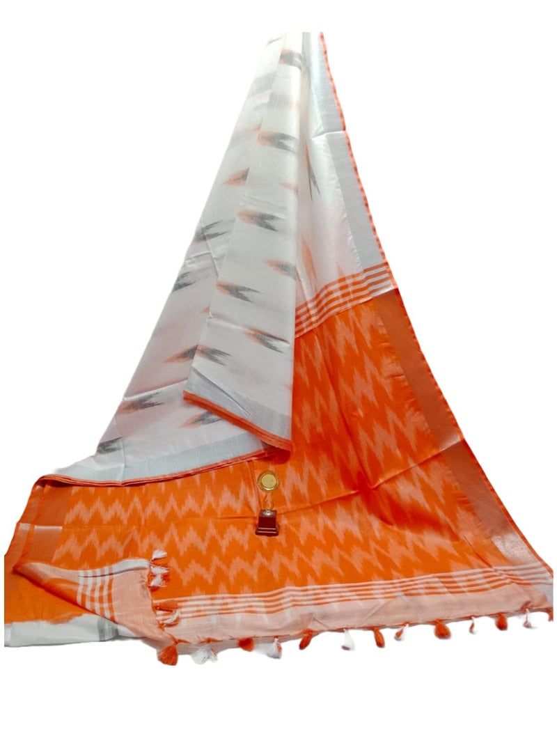 HAIDER ALI AND SONS Cotton Ikkat Saree For Women | Traditional Saree Ikat Design with Blouse Piece & Girls | 6.50 Meters_13, White - Image 1