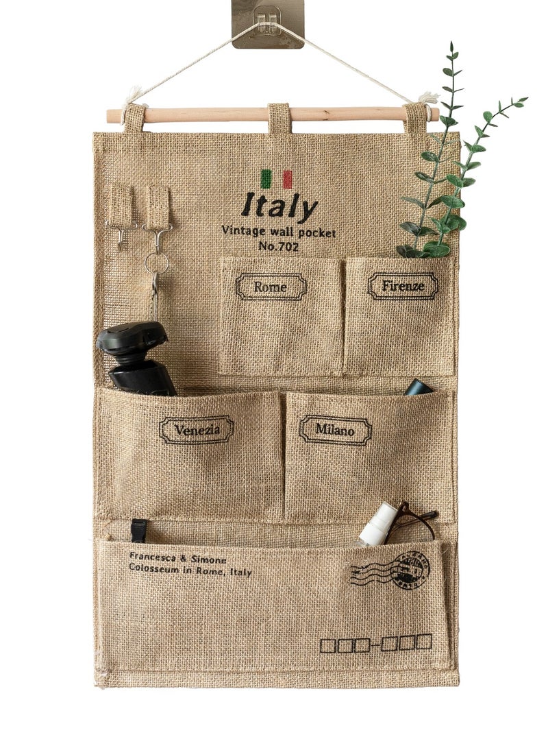 5 Pockets Jute Wall Door Closet Hanging Storage Bag Home Door Organizer 51x34.5cm - Image 1