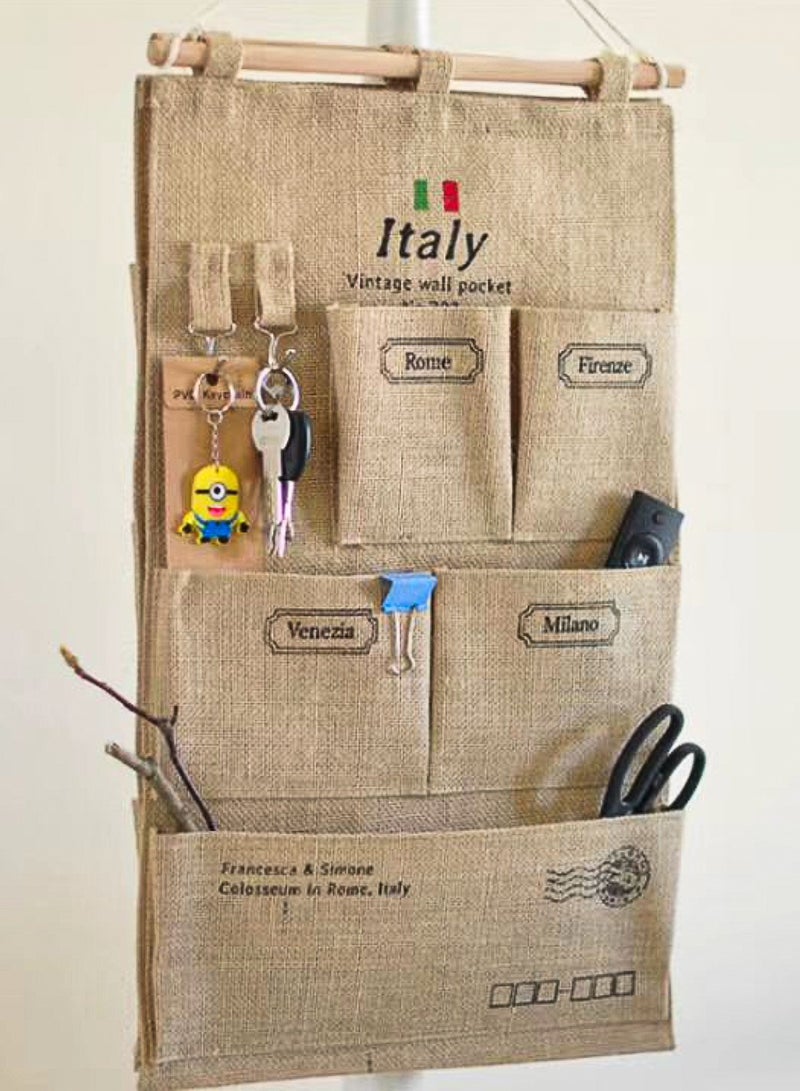 5 Pockets Jute Wall Door Closet Hanging Storage Bag Home Door Organizer 51x34.5cm - Image 2