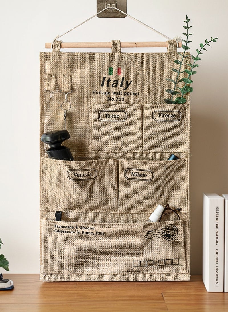 5 Pockets Jute Wall Door Closet Hanging Storage Bag Home Door Organizer 51x34.5cm - Image 3