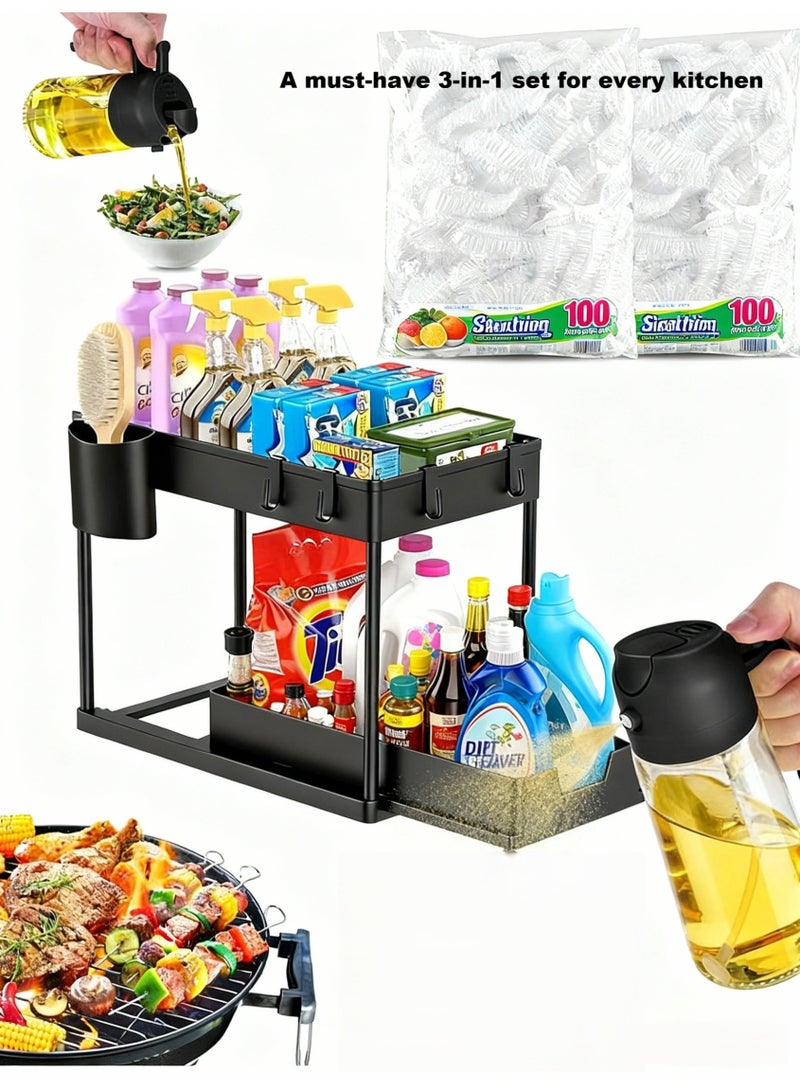 3-in-1 Kitchen & Bathroom Storage Combo: Under Sink Organizer, BPA-Free Oil Sprayer, High-Quality Food Wrap - Image 1