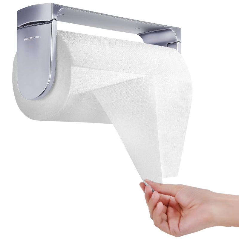 simpletome ONE Hand Tear Paper Towel Holder Under Cabinet Adhesive or Drilling Installation Aluminum Alloy + ABS (Pearl Chrome Silver) - Image 1