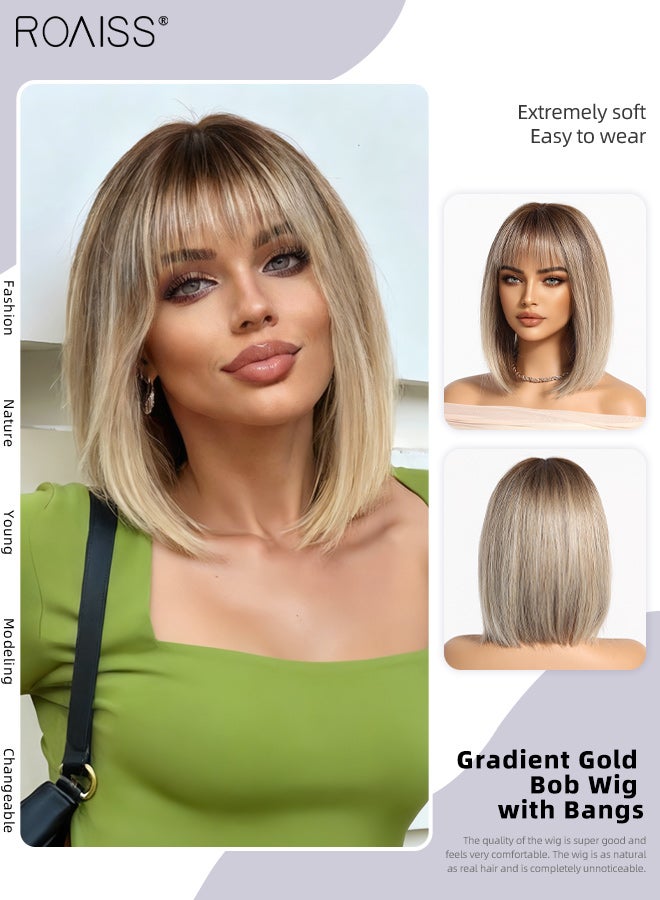 رويس شعر مستعار ذهبي متدرج مع غرة، شعر مستعار قصير مستقيم للنساء، شعر مستعار صناعي لحفلات الزفاف والحفلات التنكرية والارتداء اليومي، مظهر طبيعي، 30.48 سم (12 بوصة) - Image 1