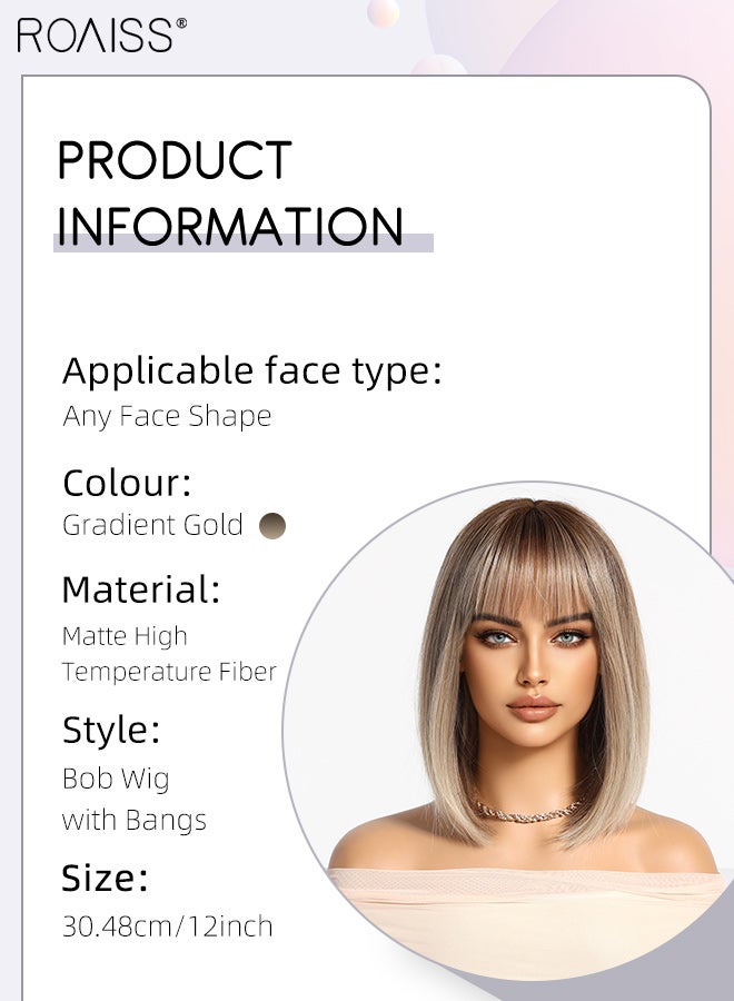رويس شعر مستعار ذهبي متدرج مع غرة، شعر مستعار قصير مستقيم للنساء، شعر مستعار صناعي لحفلات الزفاف والحفلات التنكرية والارتداء اليومي، مظهر طبيعي، 30.48 سم (12 بوصة) - Image 3