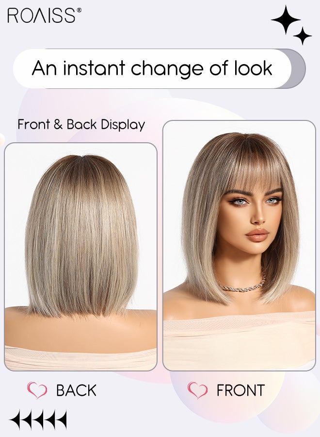 رويس شعر مستعار ذهبي متدرج مع غرة، شعر مستعار قصير مستقيم للنساء، شعر مستعار صناعي لحفلات الزفاف والحفلات التنكرية والارتداء اليومي، مظهر طبيعي، 30.48 سم (12 بوصة) - Image 2