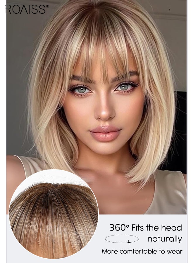 رويس شعر مستعار ذهبي متدرج مع غرة، شعر مستعار قصير مستقيم للنساء، شعر مستعار صناعي لحفلات الزفاف والحفلات التنكرية والارتداء اليومي، مظهر طبيعي، 30.48 سم (12 بوصة) - Image 4