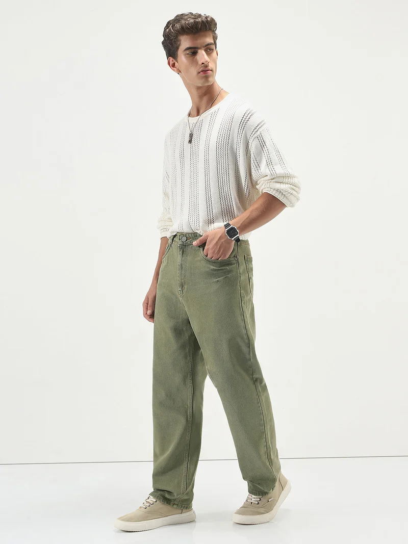 Urbano Fashion  Urbano Fashion Men's Light Green Loose Baggy Fit Washed Jeans Non-Stretchable  | Best Price UAE