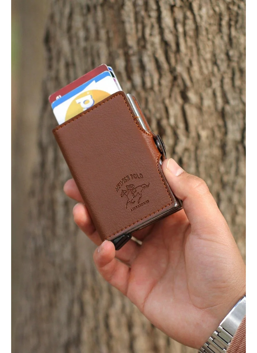 Newish Polo Newishpolo Double Automatic Mechanism Card Holder Wallet Tan