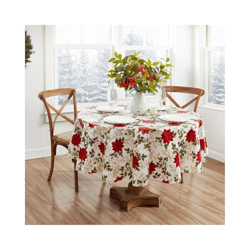Elrene Home Fashions Christmas Poinsettia Grace Water and StainResistant Vinyl Tablecloth with Flannel Backing 70x70 Round - Image 3