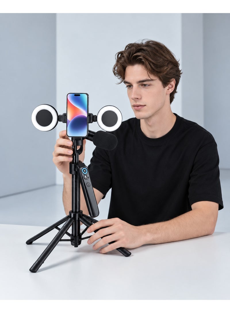MS18 Max Smart Live Streaming Microphone Stand with Dual Ring Lights, Phone Holder, Tripod & Wireless Microphone – Adjustable Portable Recording Kit - Image 2