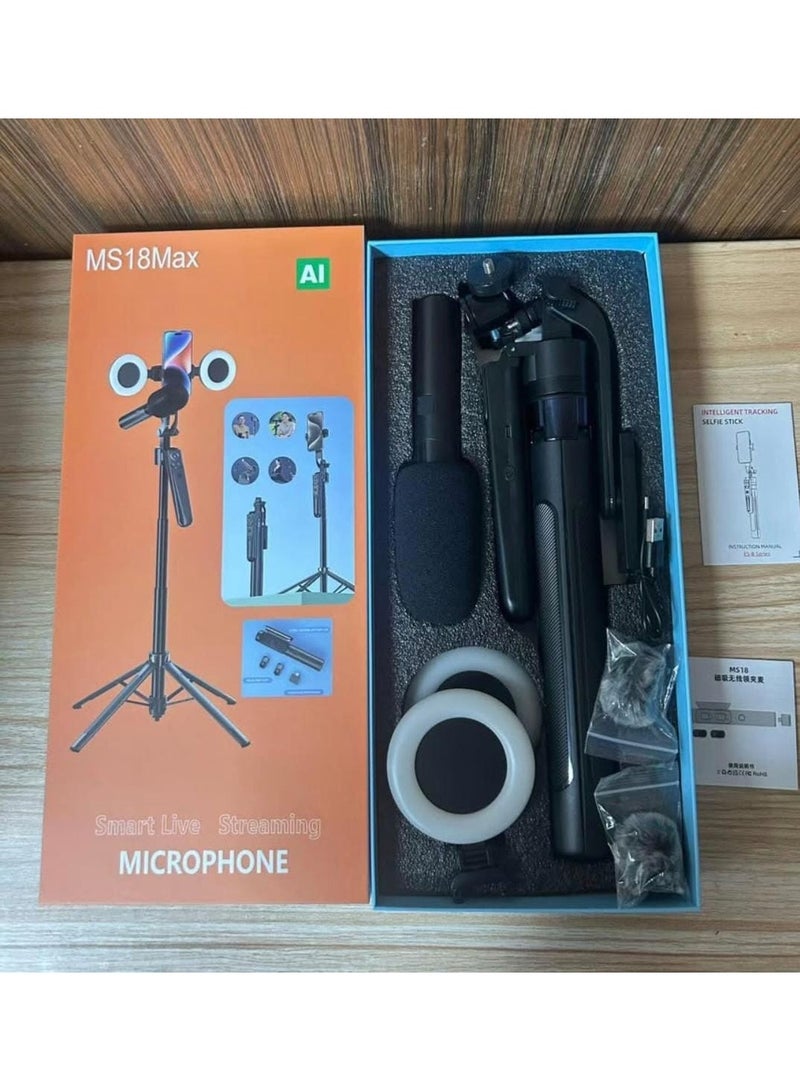 MS18 Max Smart Live Streaming Microphone Stand with Dual Ring Lights, Phone Holder, Tripod & Wireless Microphone – Adjustable Portable Recording Kit - Image 3