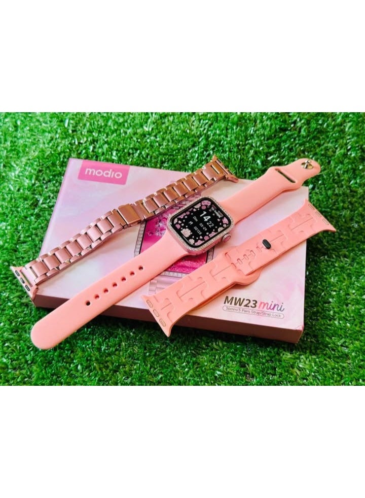 موديو ساعه Modio MW23 Mini الذكيه بشاشه كامله عاليه الدقه , تصميم انيق وعصري , تدعم الاشعارات والتنبيهات الذكيه , تدعم مميزات التتبع الصحي والنشاط , مقاومه للماء والتعرق والغبار , 3 احزمه مرفقين للتبديل , وردي - Image 3
