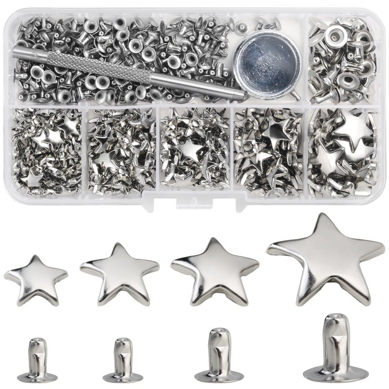 YORANYO 200 Sets Leather Rivets Kit Mixed Sizes Rivets for Leather Star Studs for Clothing Fabric Silver Rivets with Leather Crafting Rivet Tool for Repair Decorate Jackets Shoes Bags Belts Purse - Image 3