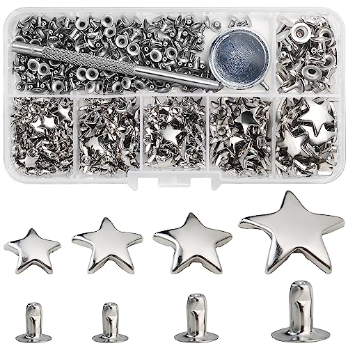 YORANYO 200 Sets Leather Rivets Kit Mixed Sizes Rivets for Leather Star Studs for Clothing Fabric Silver Rivets with Leather Crafting Rivet Tool for Repair Decorate Jackets Shoes Bags Belts Purse - Image 1