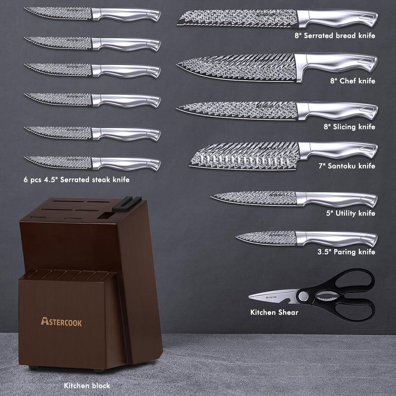 Astercook Knife Set, 15 Pieces Kitchen Knife Set with Built-in Sharpener, German Stainless Steel Knife Block Set, Razor-Sharp Knives with Full-tang Handle, Dishwasher Safe, Silver - Image 3