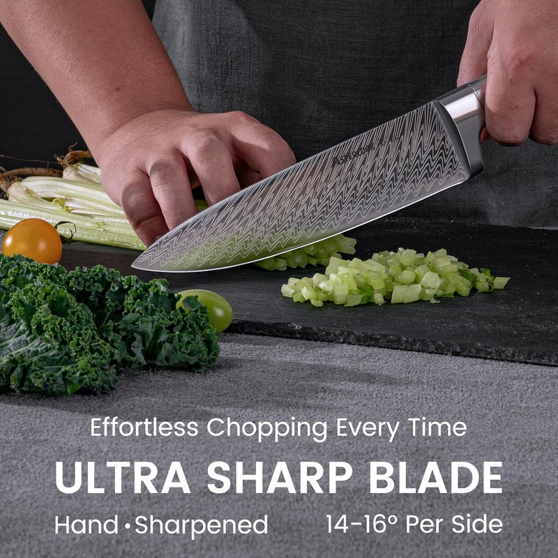 Astercook Knife Set, 15 Pieces Kitchen Knife Set with Built-in Sharpener, German Stainless Steel Knife Block Set, Razor-Sharp Knives with Full-tang Handle, Dishwasher Safe, Silver - Image 4