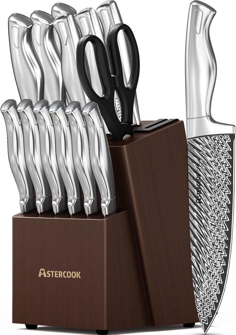 Astercook Knife Set, 15 Pieces Kitchen Knife Set with Built-in Sharpener, German Stainless Steel Knife Block Set, Razor-Sharp Knives with Full-tang Handle, Dishwasher Safe, Silver - Image 1