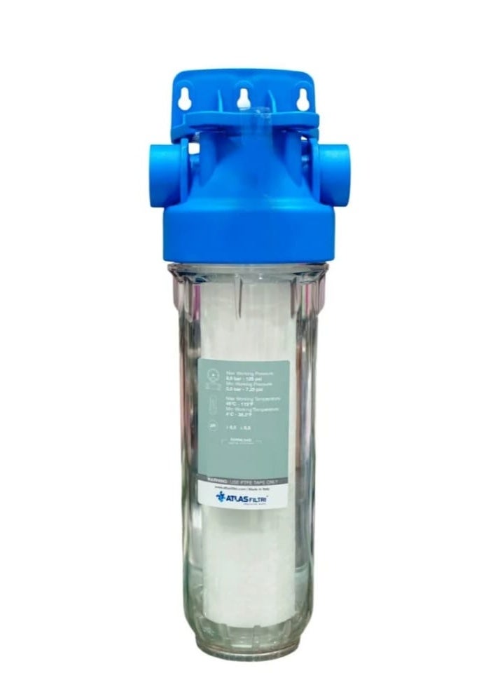Italian Water Filter Housing Transparent with Blue Cap – 3/4 Inch Inlet/Outlet – Fits 2.5x10 Inch Cartridge – Whole House Filtration - Image 1