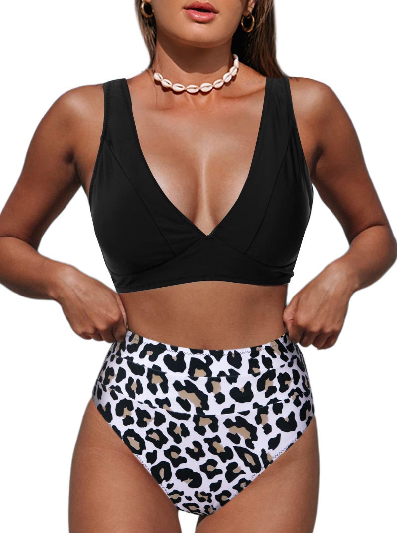 Hilinker Women's Leopard Bikini Swimsuits V Neck High Waisted 2 Piece Bathing Suits (as1, Alpha, m, Regular, Regular, BlackLeopard) - Image 1